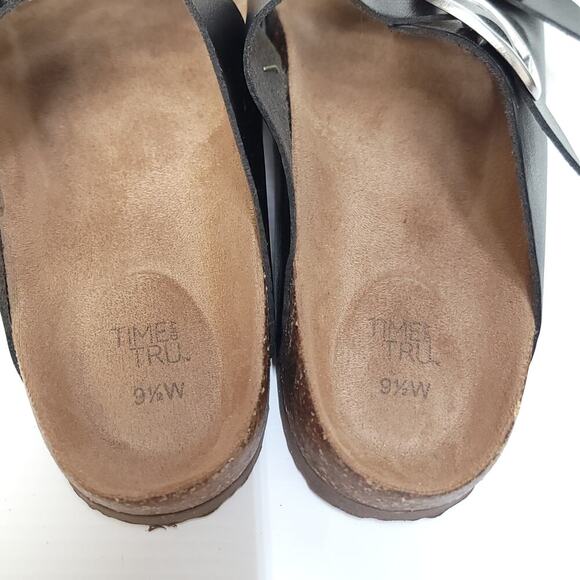 Time & Tru Black Sandals Size 9.5 Faux Leather Adjustable Buckle Slip-On Slide - Picture 7 of 12